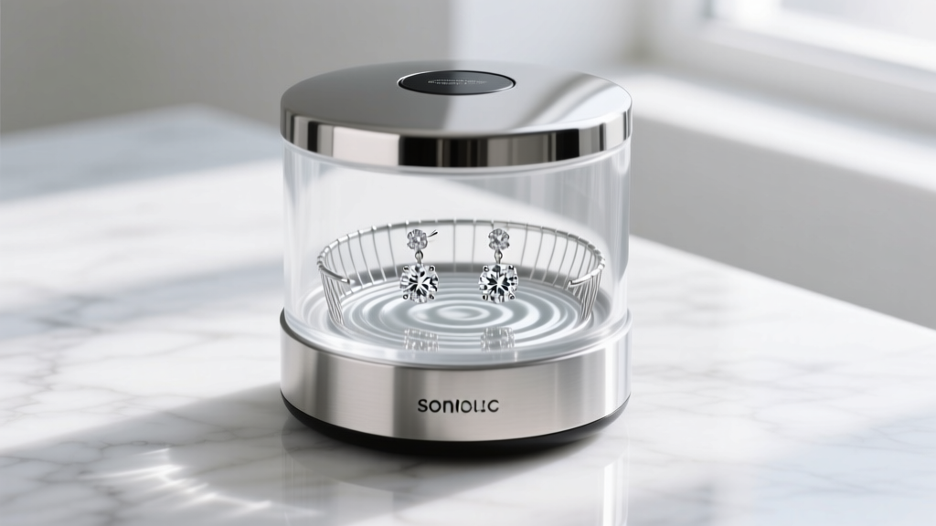 Stainless steel jewelry sonic cleaner on marble, with diamond earrings resting in the wire basket inside the tank.