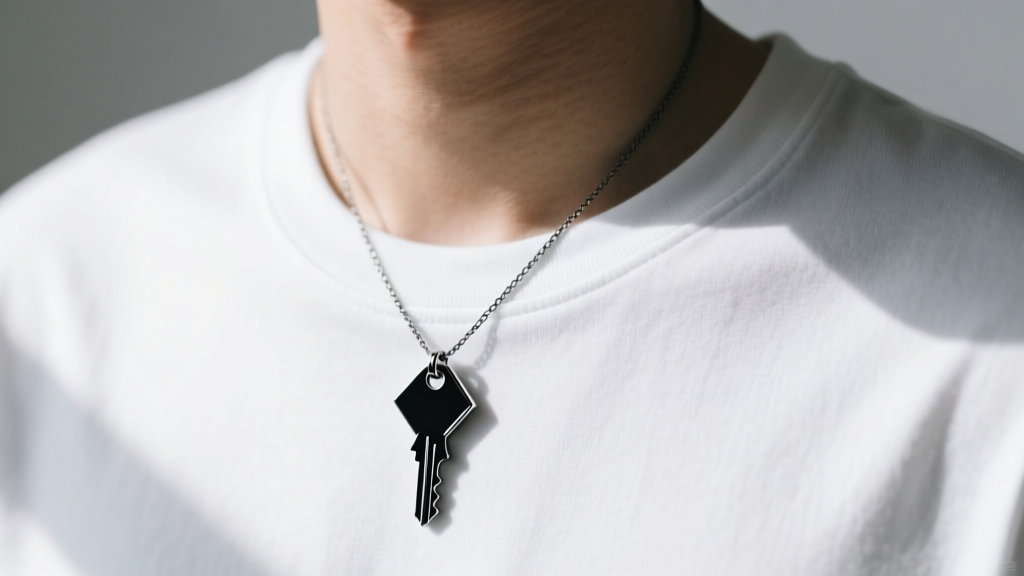 Person wearing a minimalist matte black keyholder necklace layered over a plain white t-shirt with a small geometric key pendant.