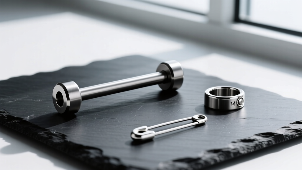 Flat lay on black slate showing a 14-gauge titanium industrial barbell, a captive bead ring, and a silver safety pin ear cuff.