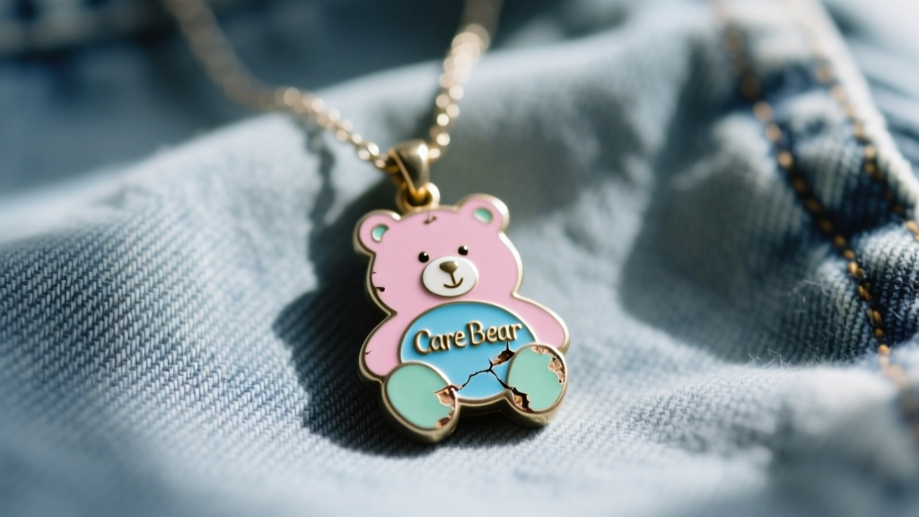Close-up of a vintage 1980s Care Bear necklace pendant featuring faded cold enamel on a pot metal base, resting on faded denim.