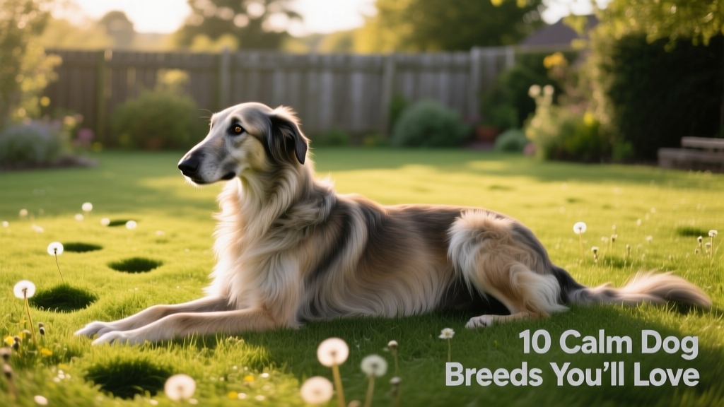 Irish Wolfhound lying calmly on a grassy yard, gazing softly into the distance