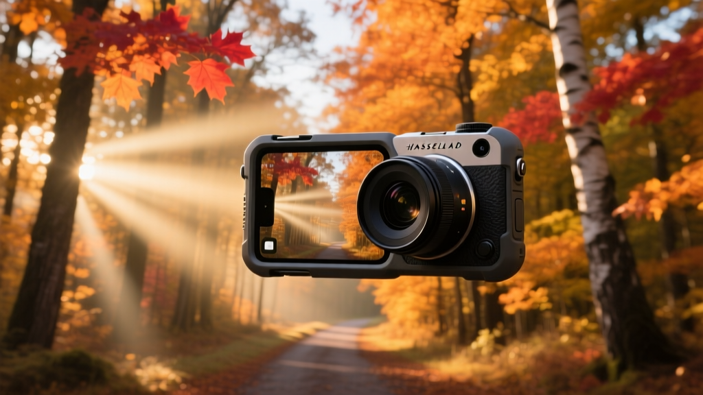 Anamorphic smartphone lens attached to a rugged case, capturing an autumn forest with cinematic horizontal lens flares.