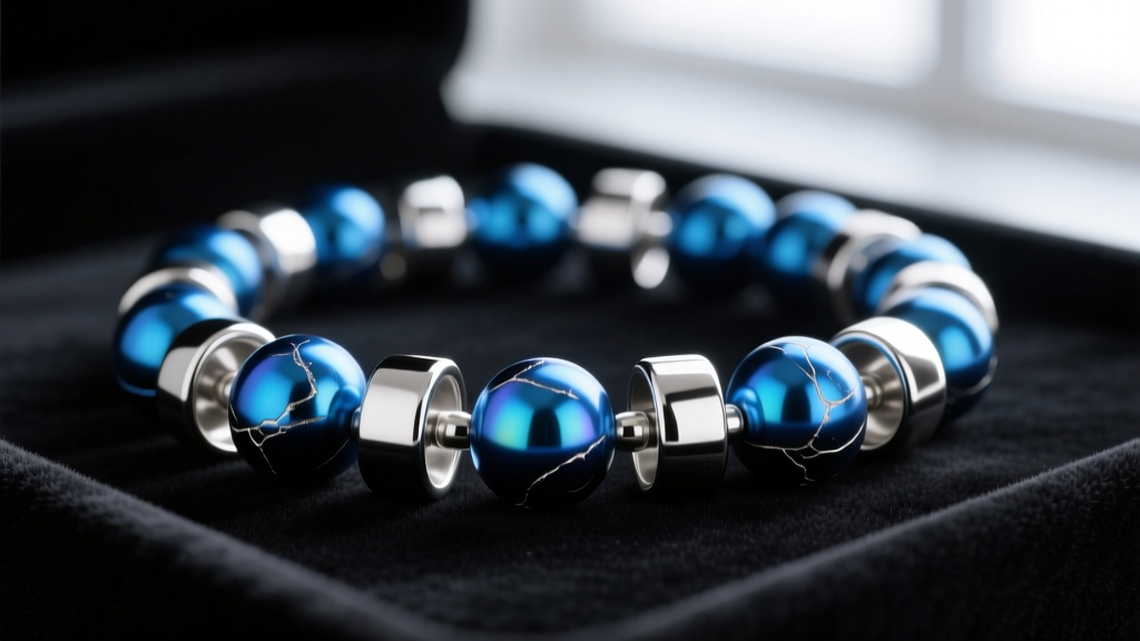 Macro shot of anodized blue aluminum beads strung next to polished 925 sterling silver spacers resting on a dark velvet display