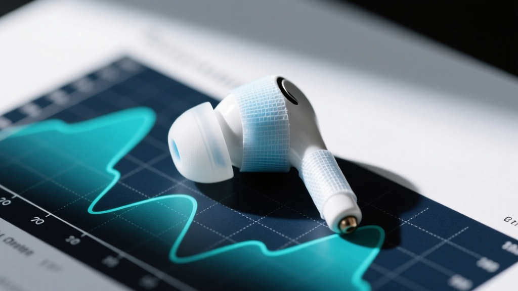Macro photography of a modified memory foam earbud tip wrapped in translucent medical tape, resting on a frequency response graph printout.