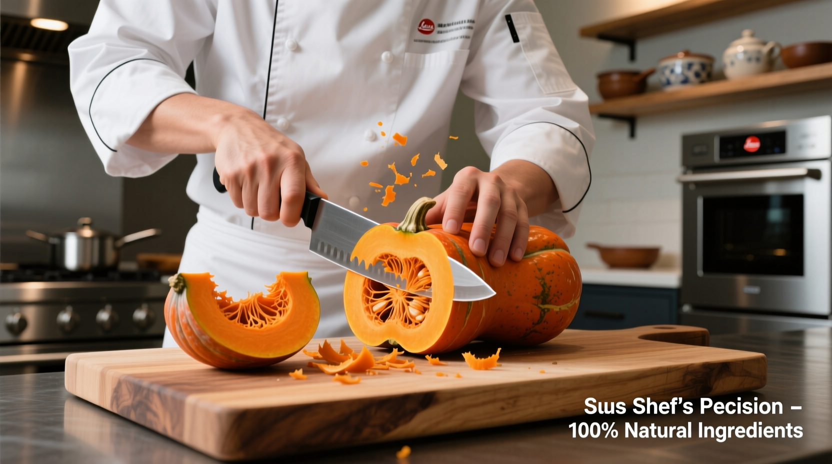 Chef slicing butternut squash on cutting board