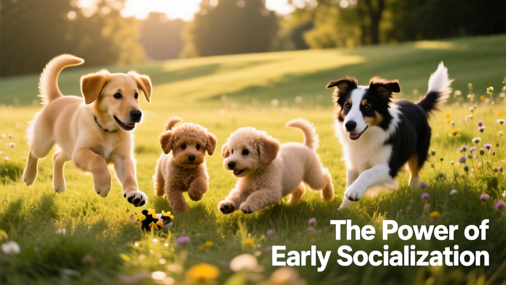 A group of four playful puppies exploring together on grass