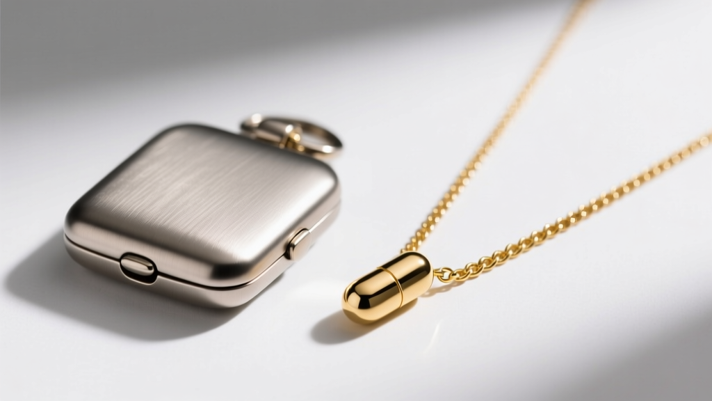 Matte titanium locket beside a polished gold pill necklace under soft light, showing contrasting brushed and shiny metal finishes.