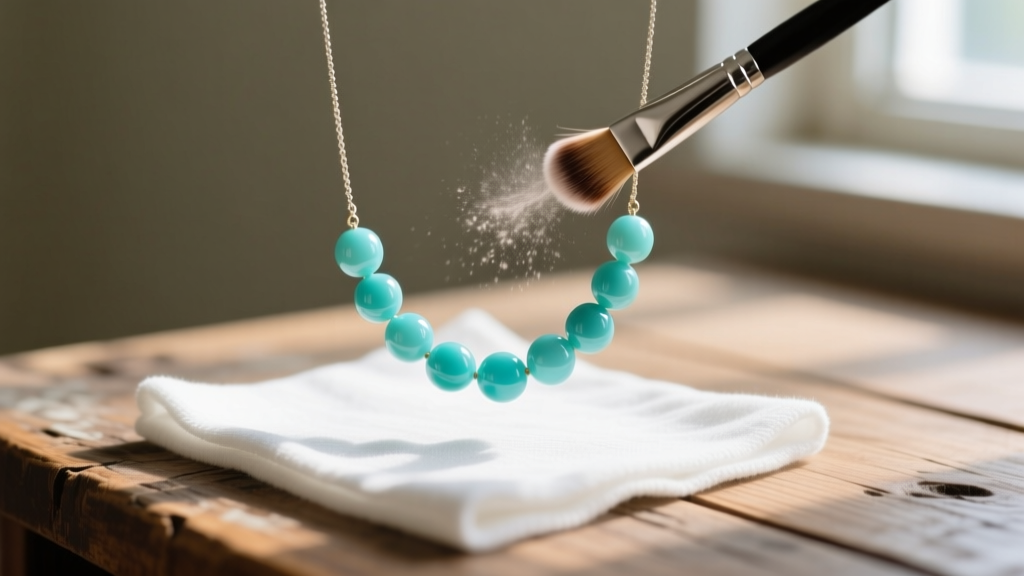 Soft makeup brush gently dusting a delicate turquoise seed bead necklace held over a white microfiber cloth on a wooden desk.