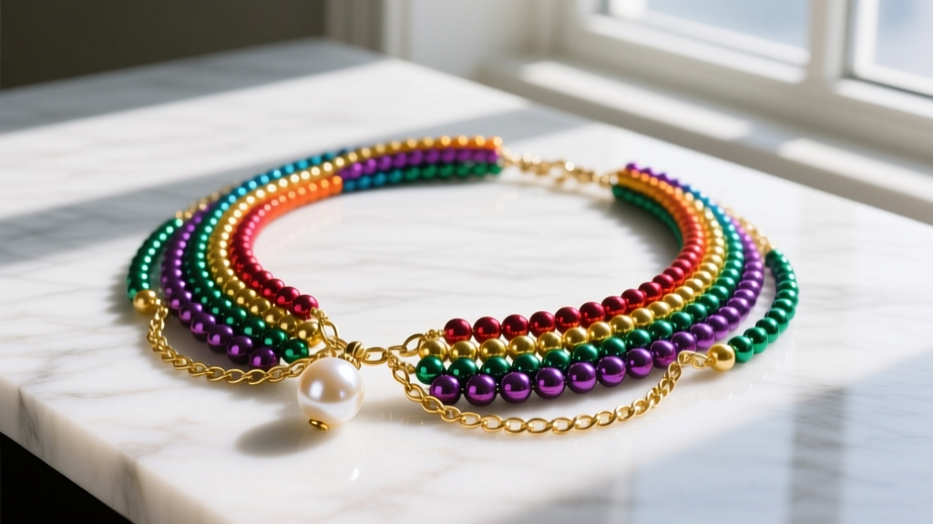 Flat lay of a maximalist mardi gras beads necklace layered with delicate gold chains and a single pearl pendant on white marble