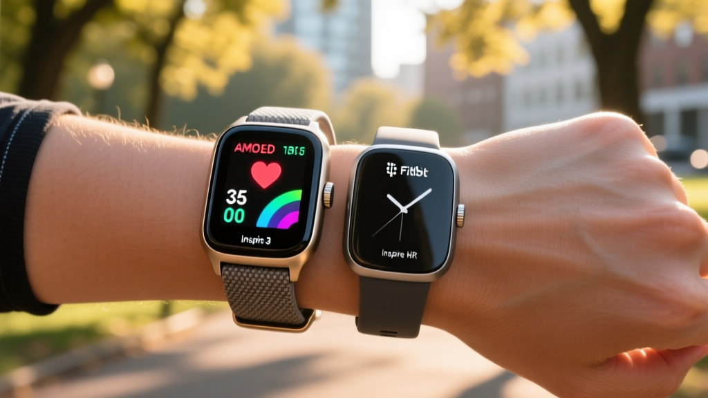 Close-up of a runner wrist wearing the vibrant Fitbit Inspire 3 AMOLED display next to the monochrome Inspire HR during a morning jog