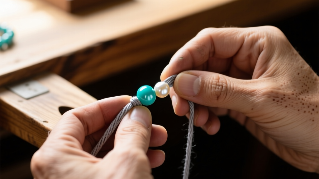 Close-up of artisan hands knotting grey silk thread between a turquoise bead and a creamy pearl on a wooden jeweler's bench
