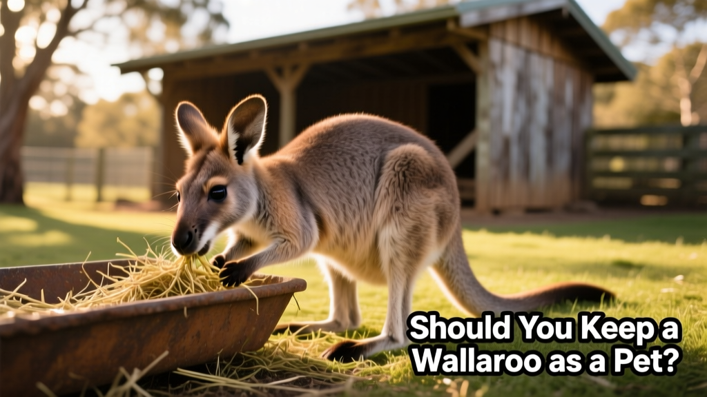 A close-up of a wallaroo gently eating hay from a large ground-level feeder, with a shaded shelter visible in the background