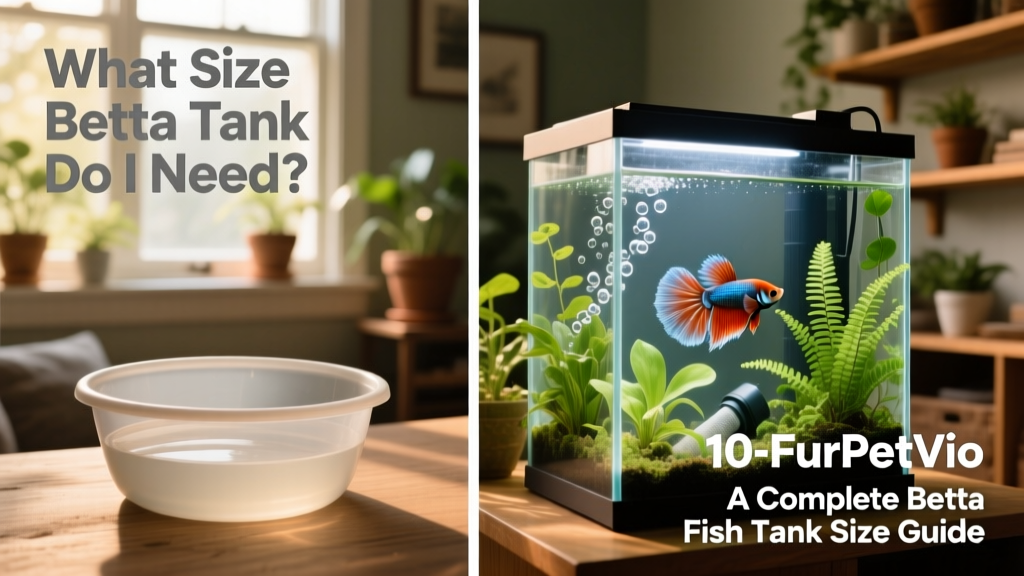 Side-by-side comparison: a cramped, bare 1-gallon bowl versus a thriving 10-gallon FurPetVo aquarium with live plants, gentle flow, and a healthy betta