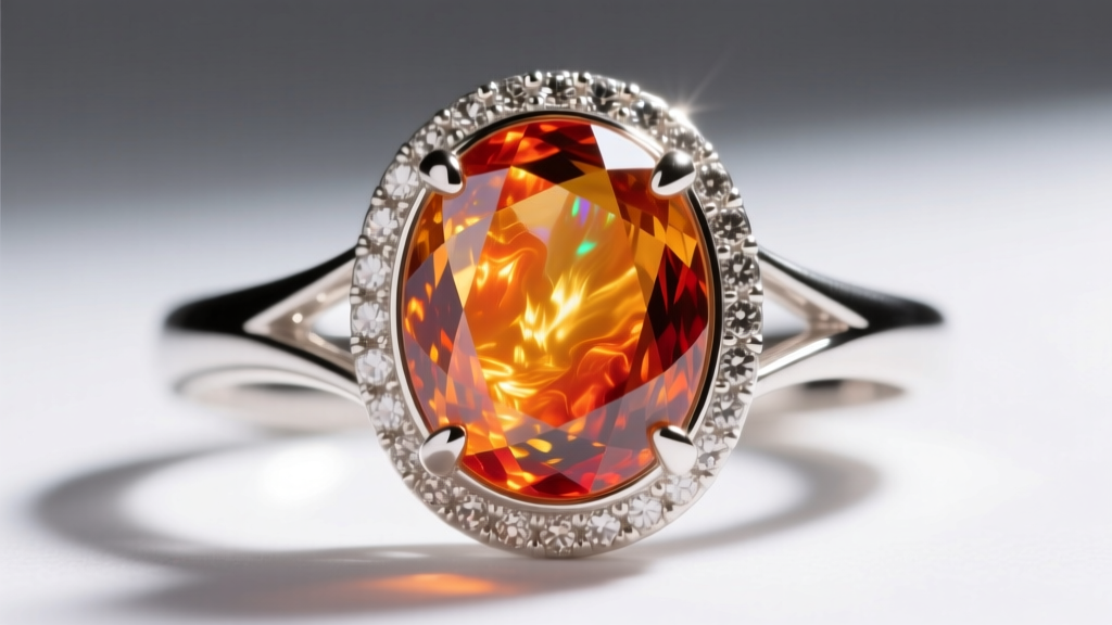 Loupe close-up of a fire opal in a protective platinum halo setting, revealing internal inclusions and vivid orange color play.
