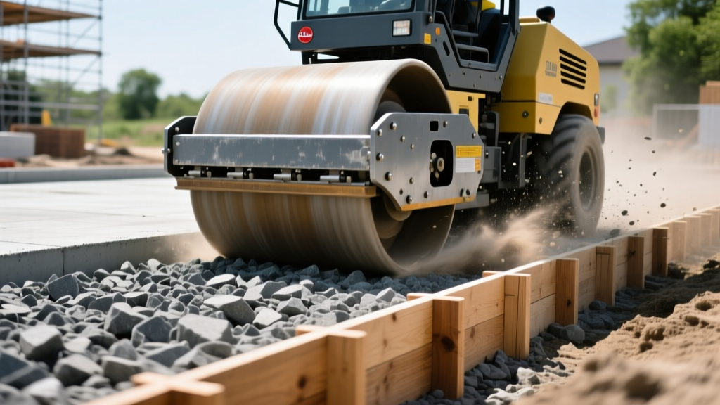 Heavy plate compactor vibrating a 4-inch layer of angular crushed stone subbase next to wooden forms for a residential concrete slab pour