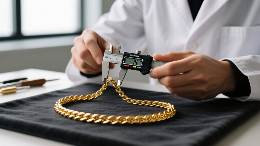 Jeweler using digital calipers to measure the millimeter gauge of a delicate 14k gold wheat chain on a dark velvet mat