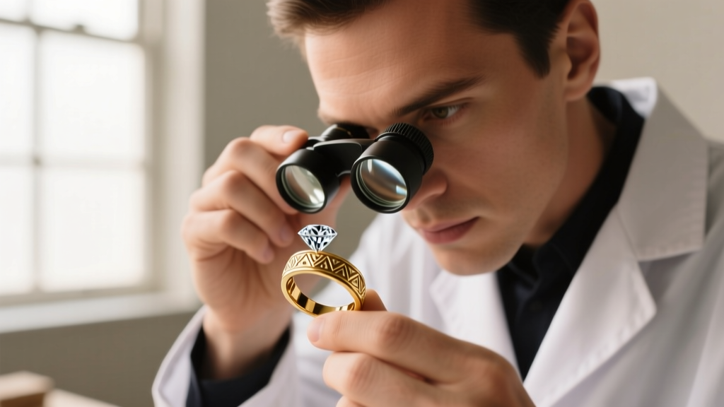 Jeweler using a 10x triplet loupe to inspect a tiny maker