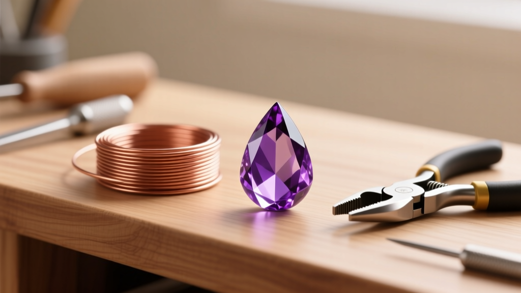 Beginner workbench with 20-gauge copper wire, flush cutters, and a polished amethyst teardrop stone under soft warm light