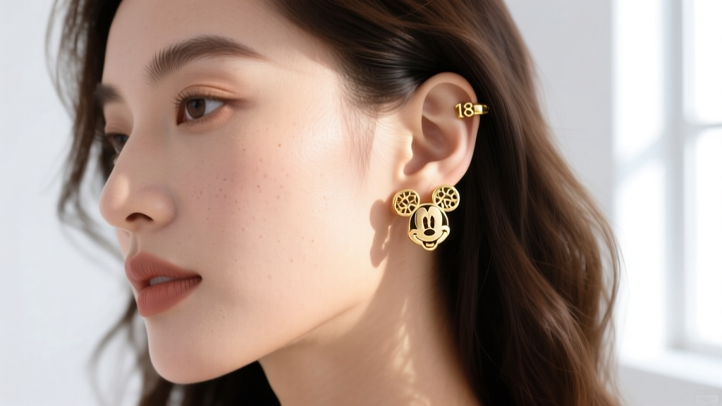 Woman wearing a delicate 18k gold Mickey ear cuff on her upper cartilage, soft sunlight highlighting the polished metal texture
