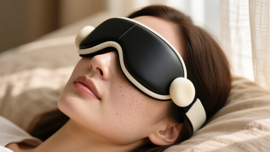 Woman wearing a modular sleep mask with adjustable foam eye cups, showing zero pressure on the eyelids during REM sleep.