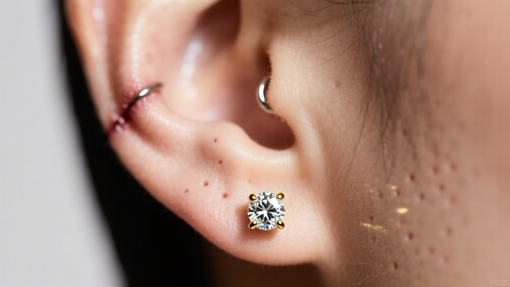 Close-up of a healed earlobe piercing wearing an 18k gold bezel-set diamond stud earring in soft, natural, diffused lighting.