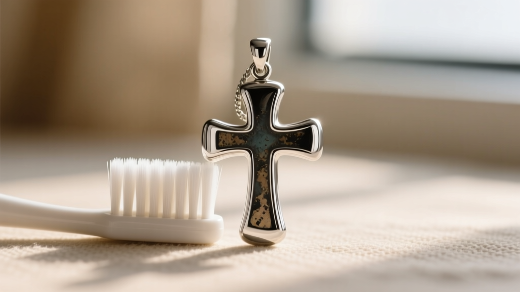 Soft toothbrush cleaning the polished edges of a silver cross pendant, carefully avoiding the darkened antique recessed areas.