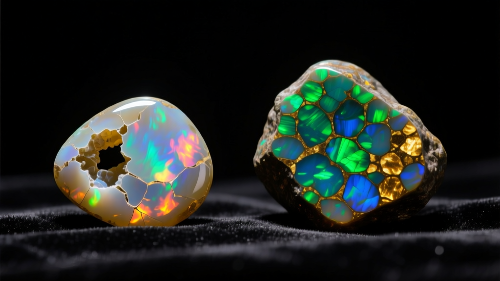 Macro shot of a porous Ethiopian opal next to a dense Australian boulder opal, both on black velvet under gemological lighting.