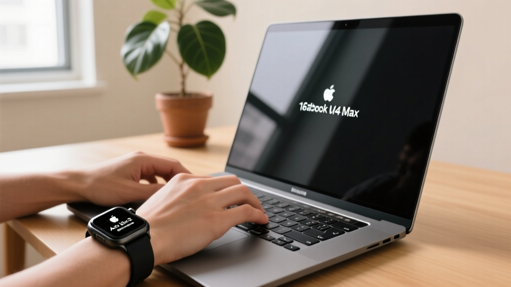 Close-up of a developer typing on a 16-inch MacBook Pro M4 Max while an Apple Watch Ultra 2 displays an Auto Unlock prompt