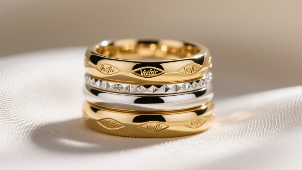 Close-up of Pacific Silvercloth with zinc carbonate, protecting a stack of polished gold vermeil and sterling silver rings