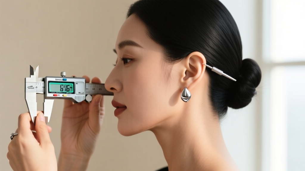 Woman using a digital caliper to measure the vertical length of her ear cartilage to find the perfect size ear climber earring