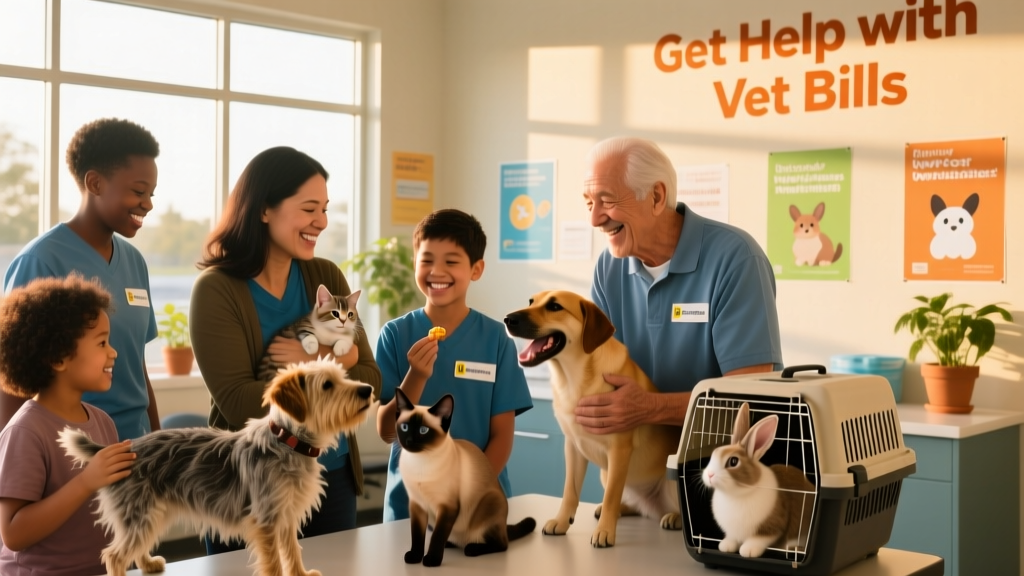 A diverse group of volunteers helping pets at a community low-cost vaccination clinic