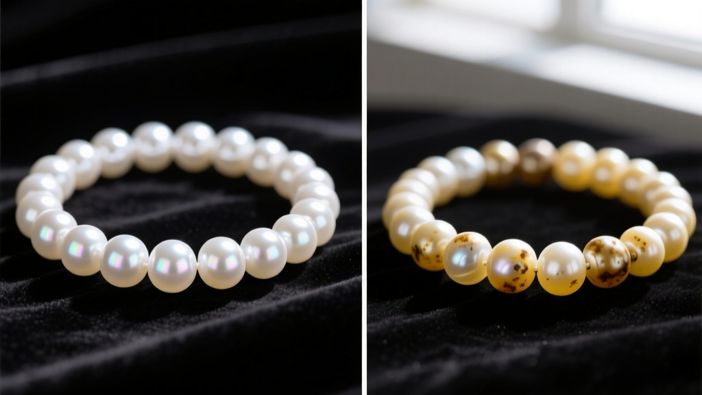 Split-screen macro comparison showing a bright, lustrous white Akoya pearl strand next to a dull, yellowed, dirty pearl strand on dark velvet