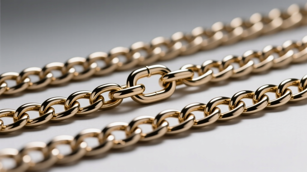 Macro shot of French chain weaves: gourmette, forçat, and vénitienne, showing interlocking links under a bright studio lighting rig.