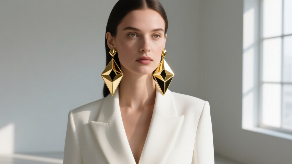 Minimalist outfit featuring a white blazer paired with bold, oversized vintage RLM geometric gold drop earrings on a female model.