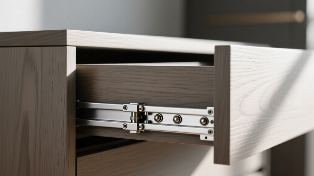 Detailed view of a soft-close metal drawer slide mechanism installed on the side of a grey engineered wood jewelry armoire cabinet.