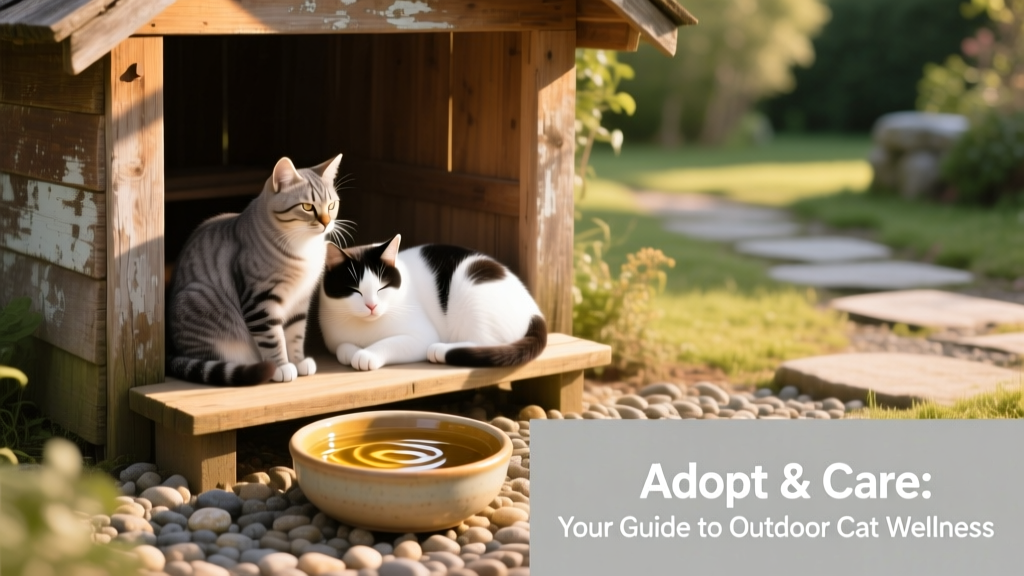 Two outdoor cats sharing a sunny perch beside a sturdy wooden shelter and shallow water bowl