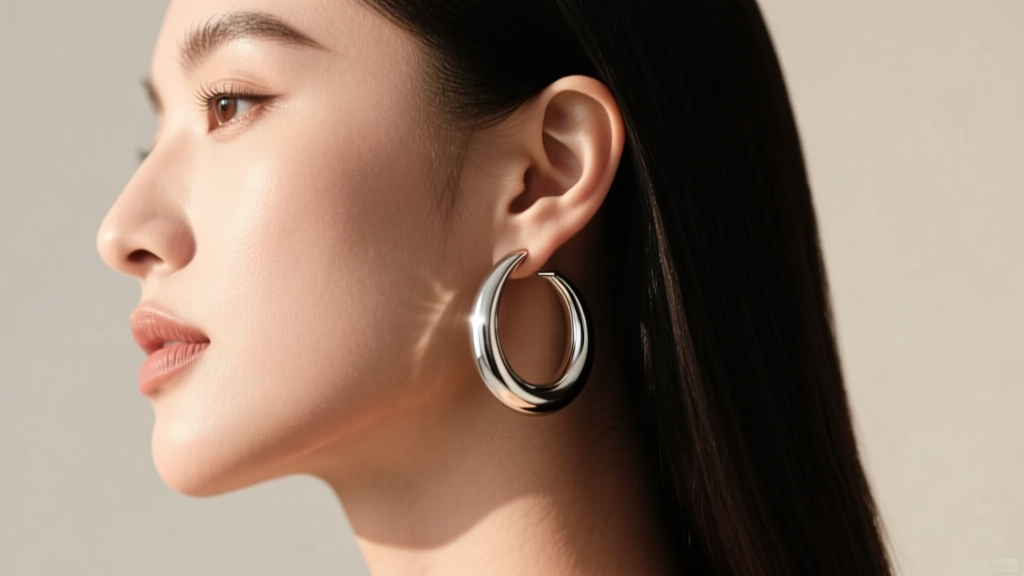 Woman wearing 40mm silver YSL Uptown hoop earrings in side profile, highlighting the sleek metal curve under soft natural light