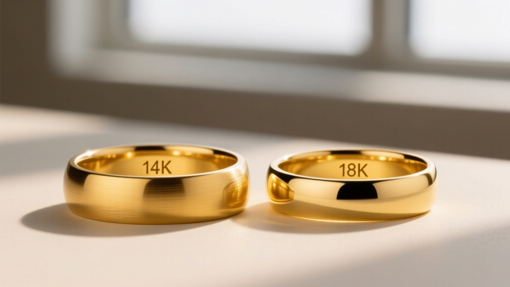 Close-up of 14k and 18k yellow gold signet rings showing subtle color differences and stamped hallmarks inside the band