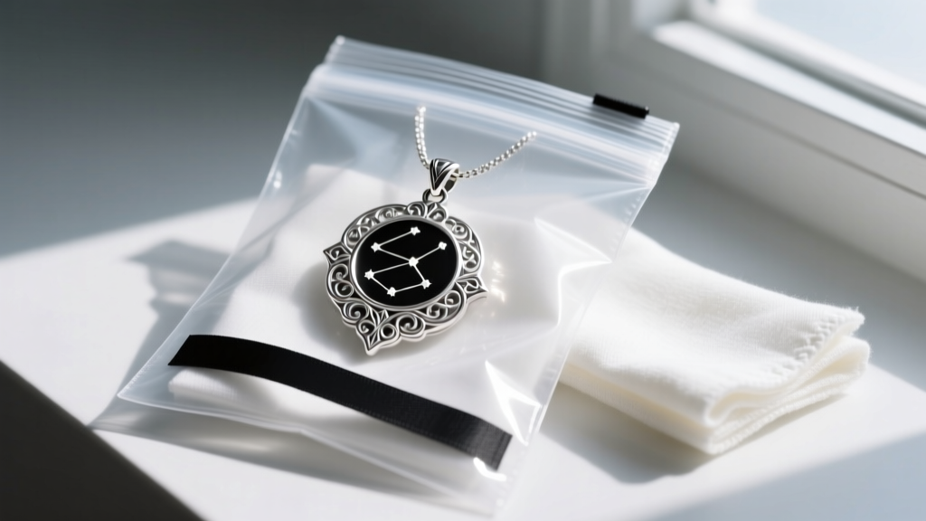 A sterling silver fantasy pendant stored in an airtight zip bag with a black anti-tarnish silica strip and microfiber cloth.