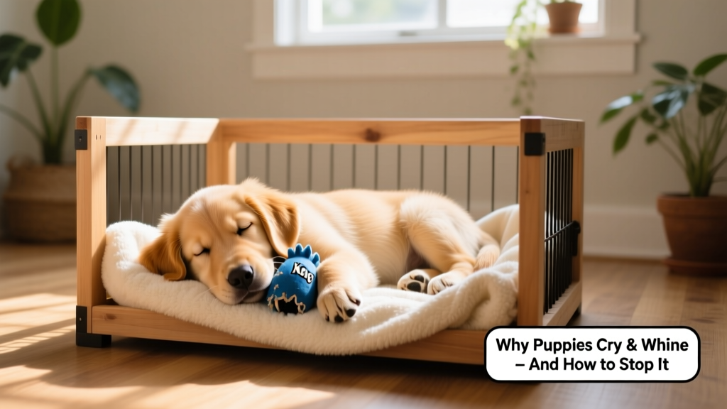 A calm, relaxed puppy lying quietly in its crate with a stuffed KONG toy and soft blanket