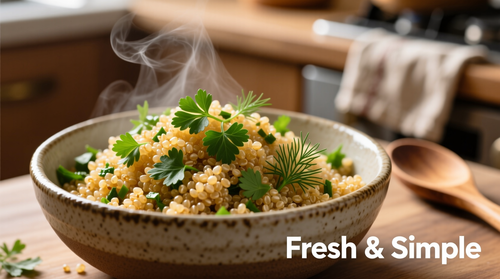 Close-up of cooked quinoa in bowl with fresh herbs