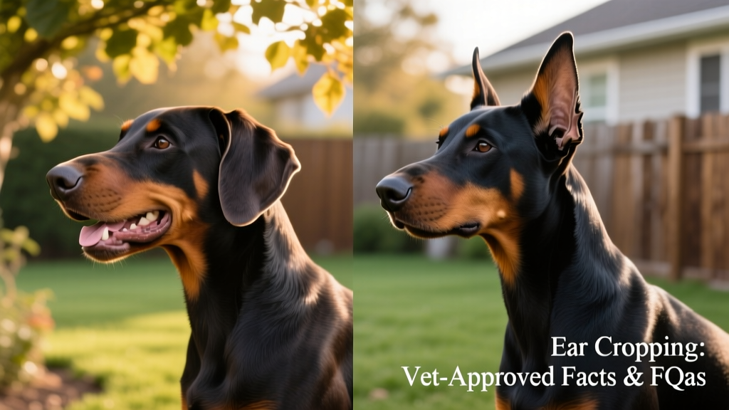 Side-by-side comparison of a Doberman with natural floppy ears versus cropped erect ears