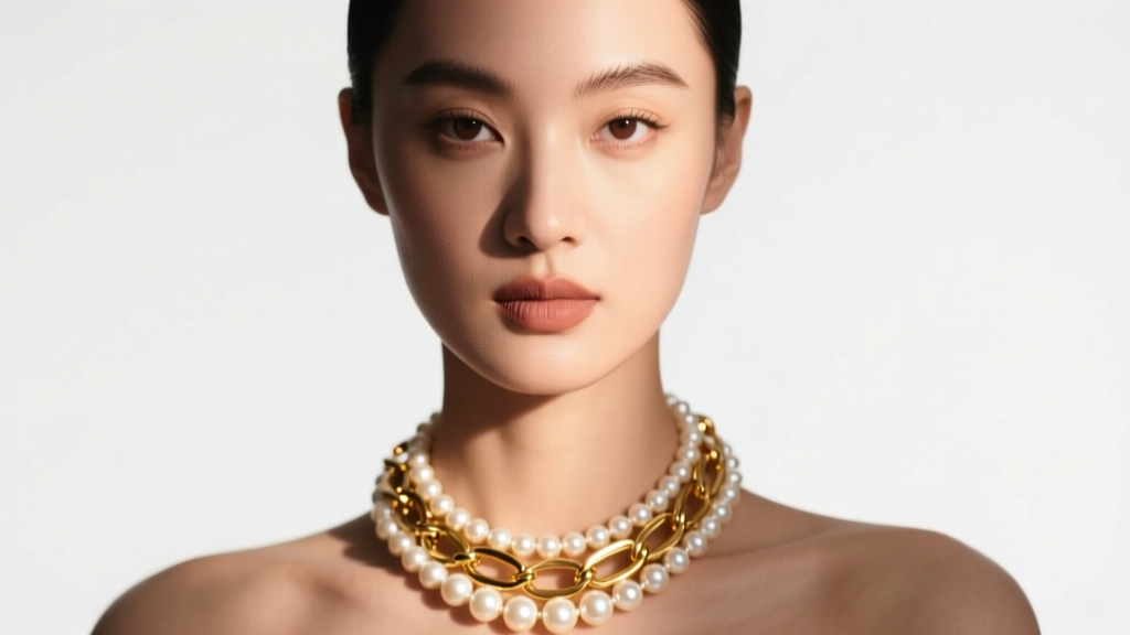 Fashion portrait of a model wearing an asymmetrical pearl beads necklace with mixed gold links, lit by soft warm studio lighting
