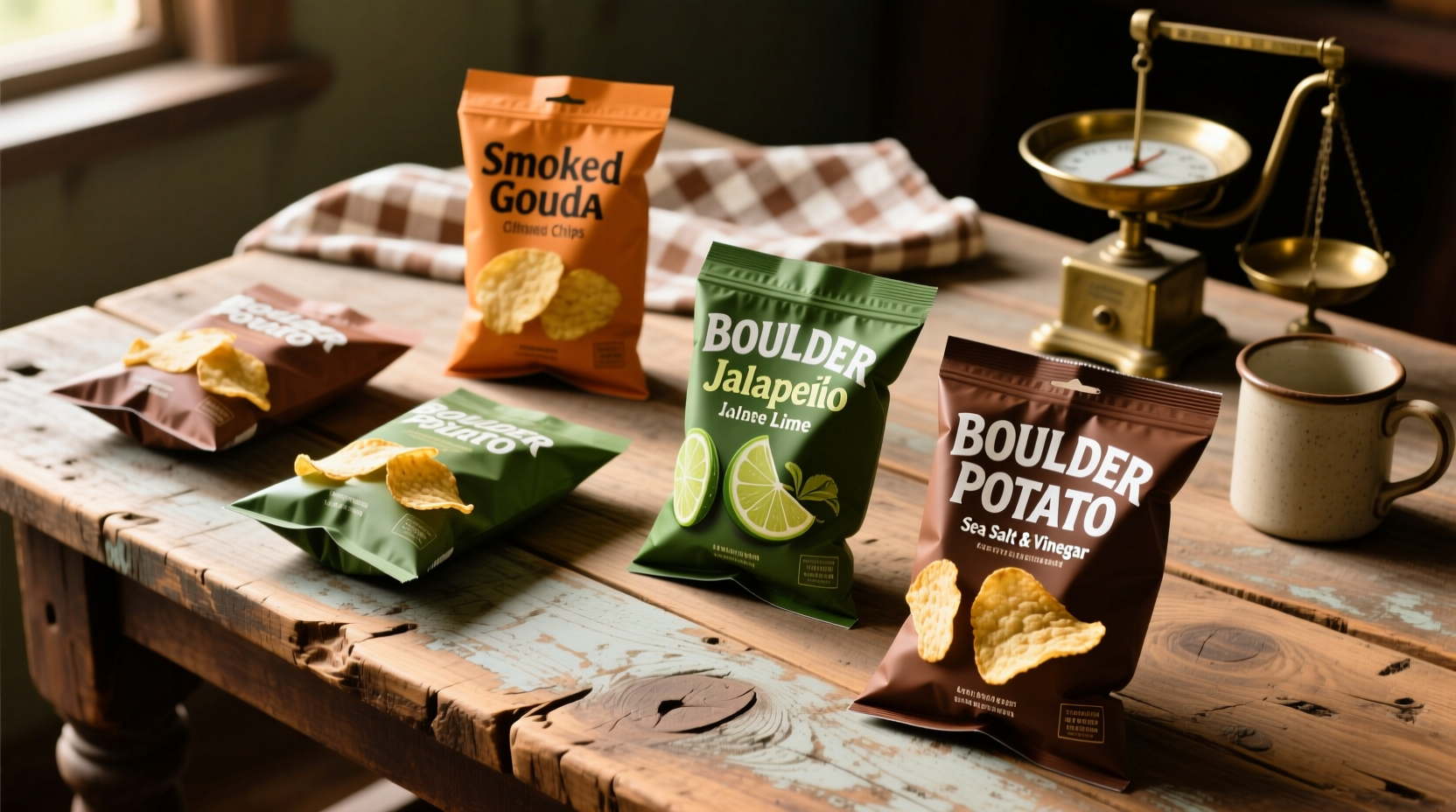 Boulder Potato Chips varieties displayed on wooden table