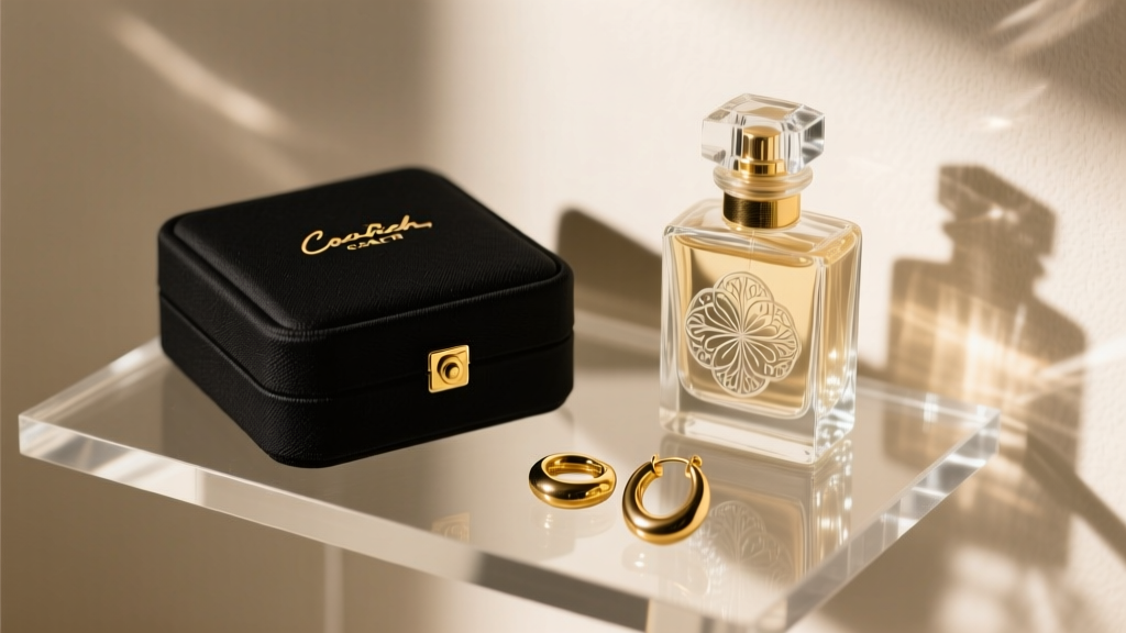 Black Signature canvas Coach jewelry box on acrylic shelf beside vintage glass perfume bottle and a pair of scattered gold hoops