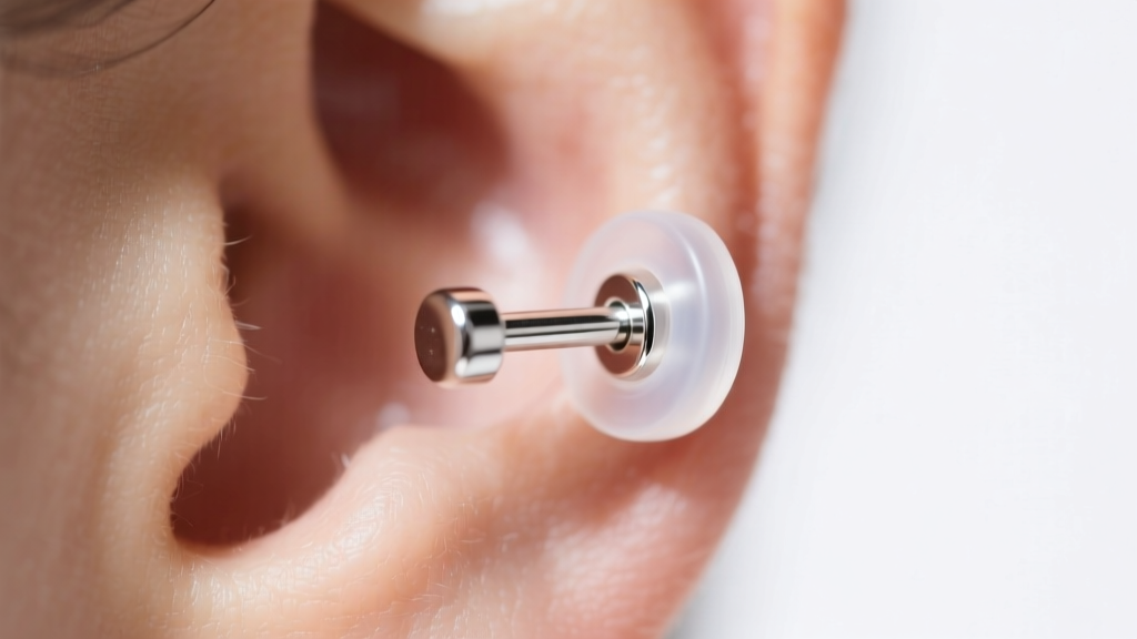 Macro shot of a 20-gauge sterling silver post secured with a clear silicone friction back on an earlobe under bright even lighting
