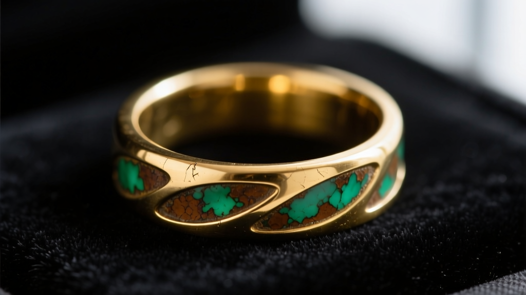 Macro shot of a gold-dipped brass ring on dark velvet, revealing green and brown oxidation spots along the inner band.