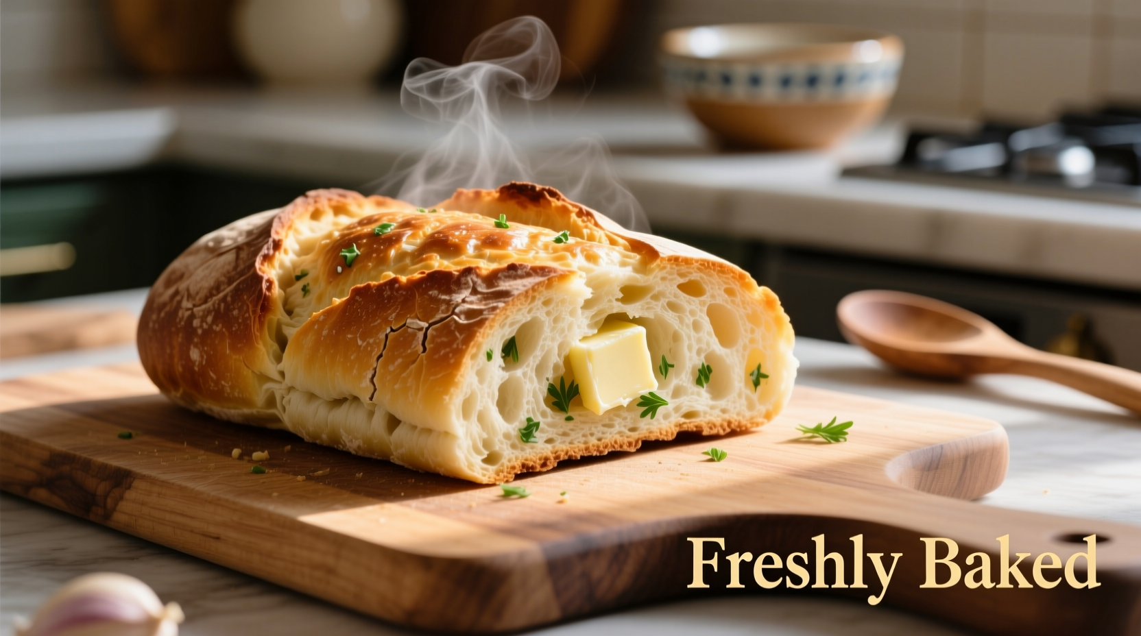 Freshly made garlic bread with golden crust