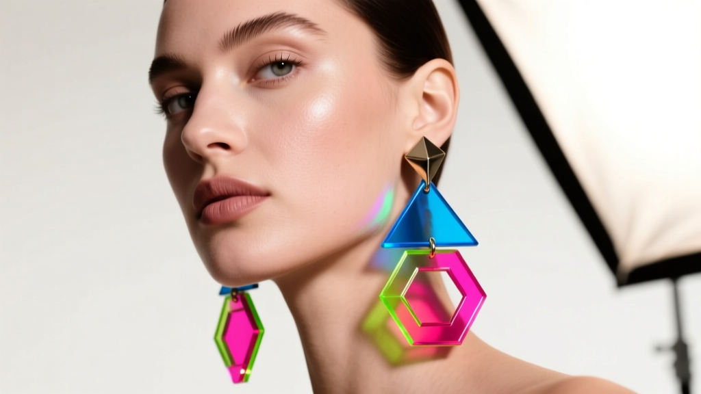 Profile of a model wearing colorful dangle earrings made of anodized titanium and neon acrylic geometric shapes in studio lighting