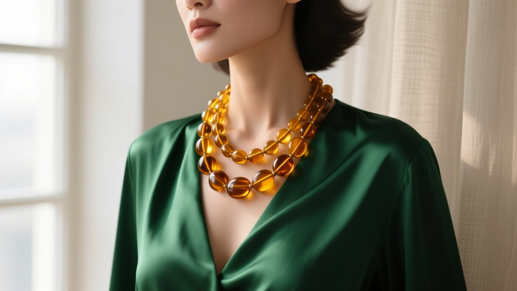 Adult wearing chunky butterscotch amber beads over a dark emerald silk blouse, illuminated by warm natural window light.